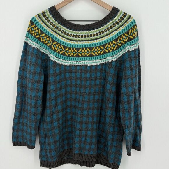 Talbots Womens Sweater Lambswool Blend Fair Isle Gray Blue Plaid Pullover XL - Picture 1 of 4